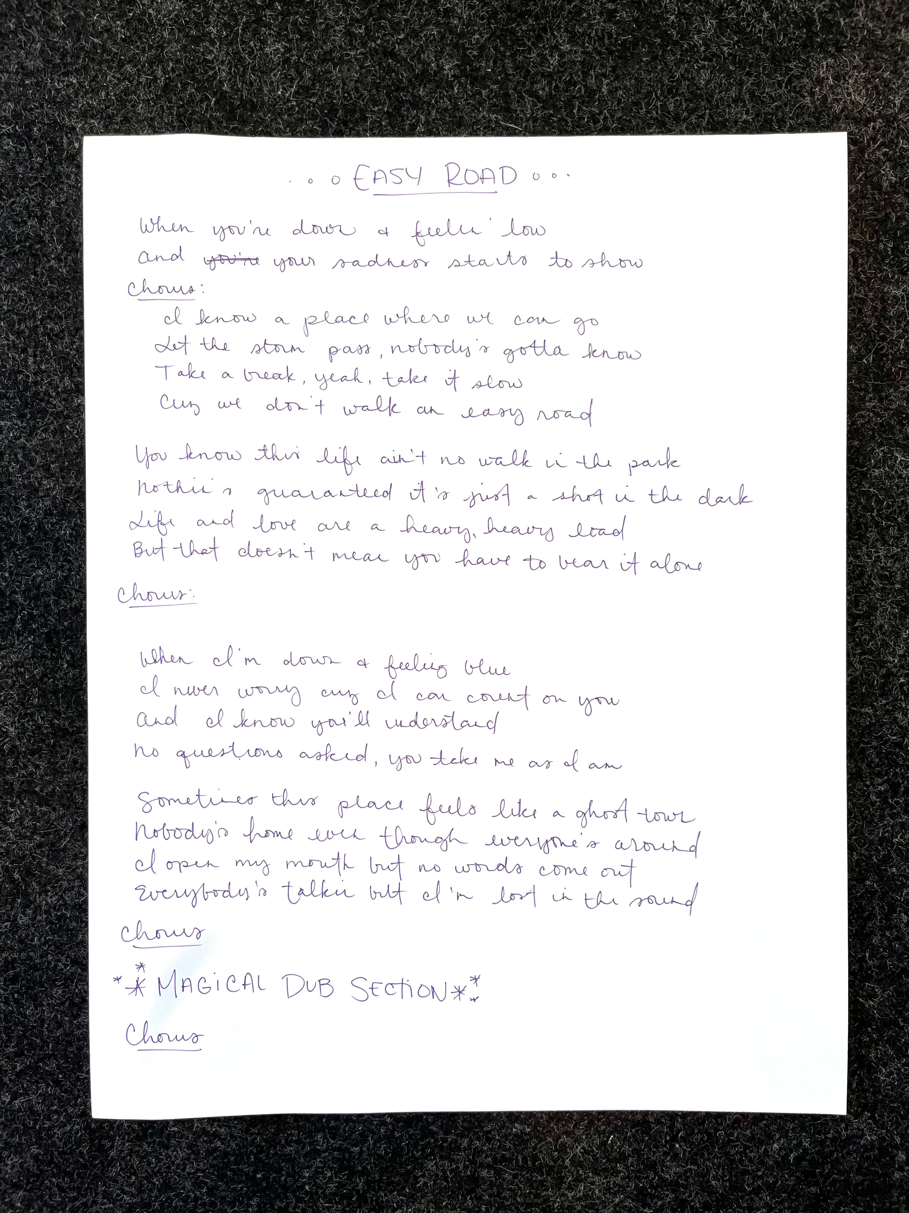 "Easy Road" Handwritten Lyric Sheet